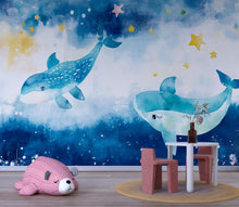 Load image into Gallery viewer, Watercolor Whale Nursery Mural – Baby Ocean Wall Art – Cute Blue Sea Wallpaper – Holiday or Birthday Gift for Kids' Room or Nursery