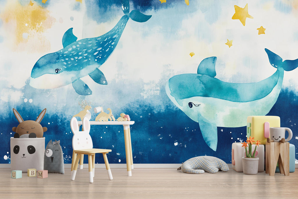 Watercolor Whale Nursery Mural – Baby Ocean Wall Art – Cute Blue Sea Wallpaper – Holiday or Birthday Gift for Kids' Room or Nursery