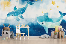Load image into Gallery viewer, Watercolor Whale Nursery Mural – Baby Ocean Wall Art – Cute Blue Sea Wallpaper – Holiday or Birthday Gift for Kids' Room or Nursery
