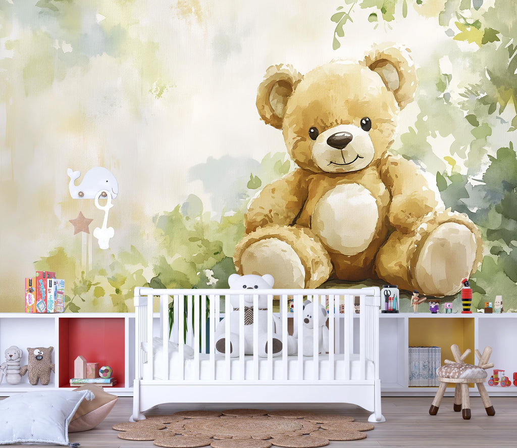 Watercolor Teddy Bear Nursery Mural – Cozy Baby Room Wall Art – Sweet Kids Decor Gift for Birthday or Holiday