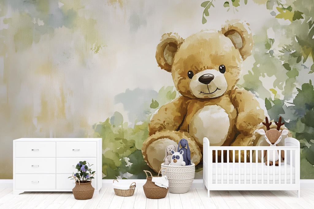Watercolor Teddy Bear Nursery Mural – Cozy Baby Room Wall Art – Sweet Kids Decor Gift for Birthday or Holiday