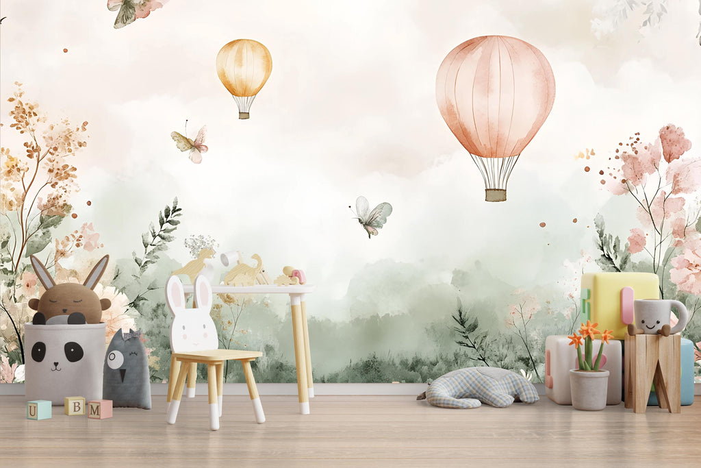 Watercolor Hot Air Balloon Nursery Mural – Baby Room Wall Art – Holiday or Birthday Gift for Gender Neutral Nursery Decor