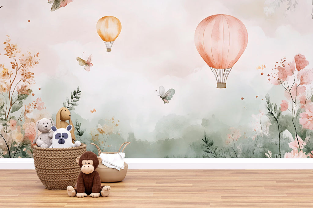 Watercolor Hot Air Balloon Nursery Mural – Baby Room Wall Art – Holiday or Birthday Gift for Gender Neutral Nursery Decor