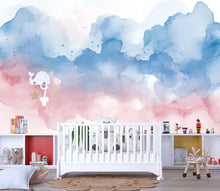 Load image into Gallery viewer, Watercolor Cloudy Sky Nursery Mural – Soft Pink and Blue – Baby Room Art Gift for Birthdays, Holidays, or Nursery Decor