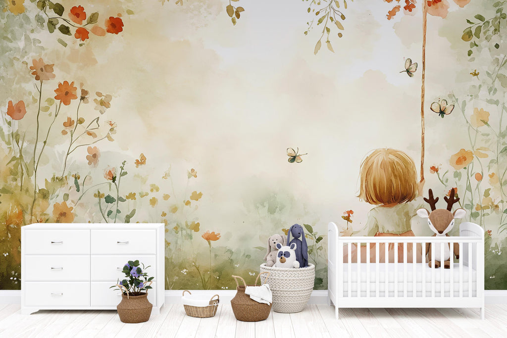 Watercolor Swing Girl Nursery Mural – Whimsical Baby Room Decor – Birthday or Holiday Baby Gift for Nursery or Kids Room