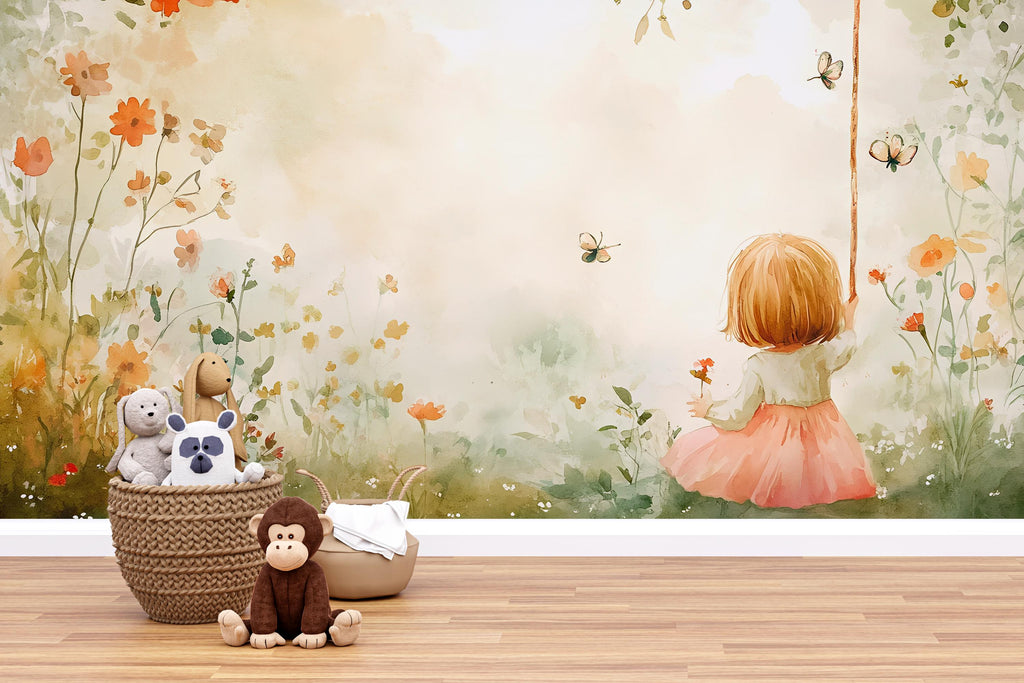 Watercolor Swing Girl Nursery Mural – Whimsical Baby Room Decor – Birthday or Holiday Baby Gift for Nursery or Kids Room