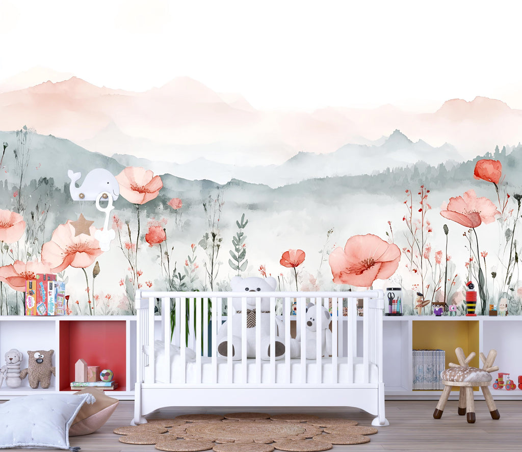 Watercolor Mountain & Poppy Nursery Mural – Soft Floral Wall Art – Birthday, Holiday, or Baby Shower Gift for Nursery