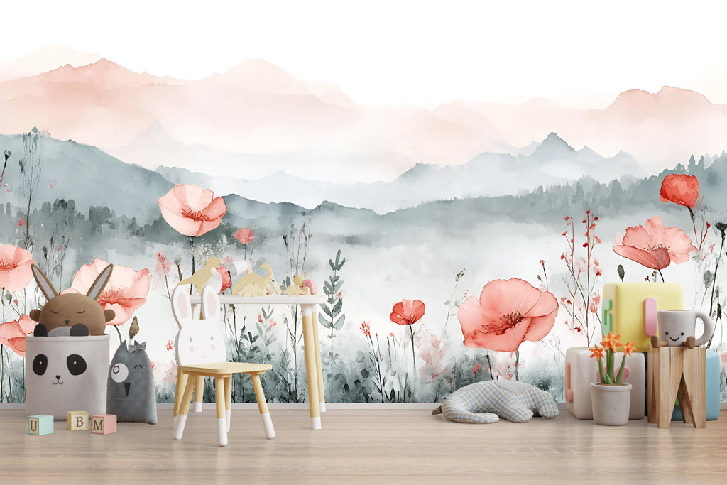 Watercolor Mountain & Poppy Nursery Mural – Soft Floral Wall Art – Birthday, Holiday, or Baby Shower Gift for Nursery