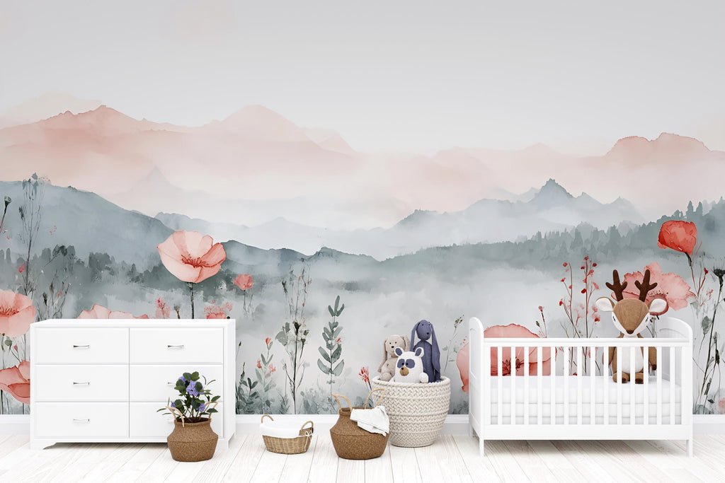 Watercolor Mountain & Poppy Nursery Mural – Soft Floral Wall Art – Birthday, Holiday, or Baby Shower Gift for Nursery