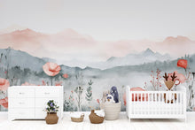 Load image into Gallery viewer, Watercolor Mountain &amp; Poppy Nursery Mural – Soft Floral Wall Art – Birthday, Holiday, or Baby Shower Gift for Nursery