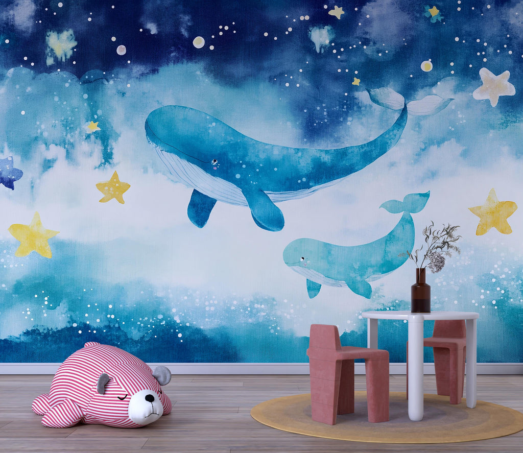 Watercolor Whale Nursery Mural – Undersea Baby Wall Art – Baby Shower, Birthday or Holiday Gift for Kids Room