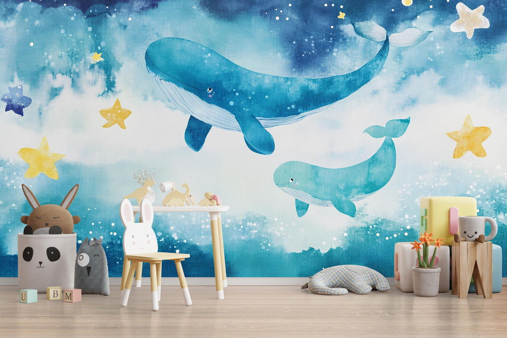Watercolor Whale Nursery Mural – Undersea Baby Wall Art – Baby Shower, Birthday or Holiday Gift for Kids Room