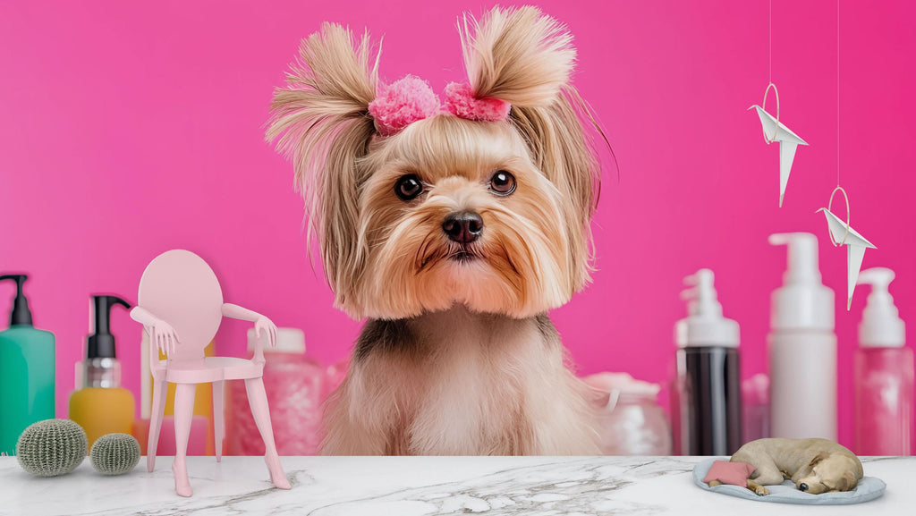 Dog Grooming Salon Wallpaper Mural – Cute Yorkie Dog Wall Art for Pet Spa, Pet Grooming Shop Decor – Bright Pink Pet Salon Backdrop Wall