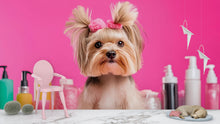Load image into Gallery viewer, Dog Grooming Salon Wallpaper Mural – Cute Yorkie Dog Wall Art for Pet Spa, Pet Grooming Shop Decor – Bright Pink Pet Salon Backdrop Wall