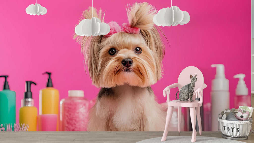 Dog Grooming Salon Wallpaper Mural – Cute Yorkie Dog Wall Art for Pet Spa, Pet Grooming Shop Decor – Bright Pink Pet Salon Backdrop Wall