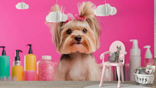 Load image into Gallery viewer, Dog Grooming Salon Wallpaper Mural – Cute Yorkie Dog Wall Art for Pet Spa, Pet Grooming Shop Decor – Bright Pink Pet Salon Backdrop Wall