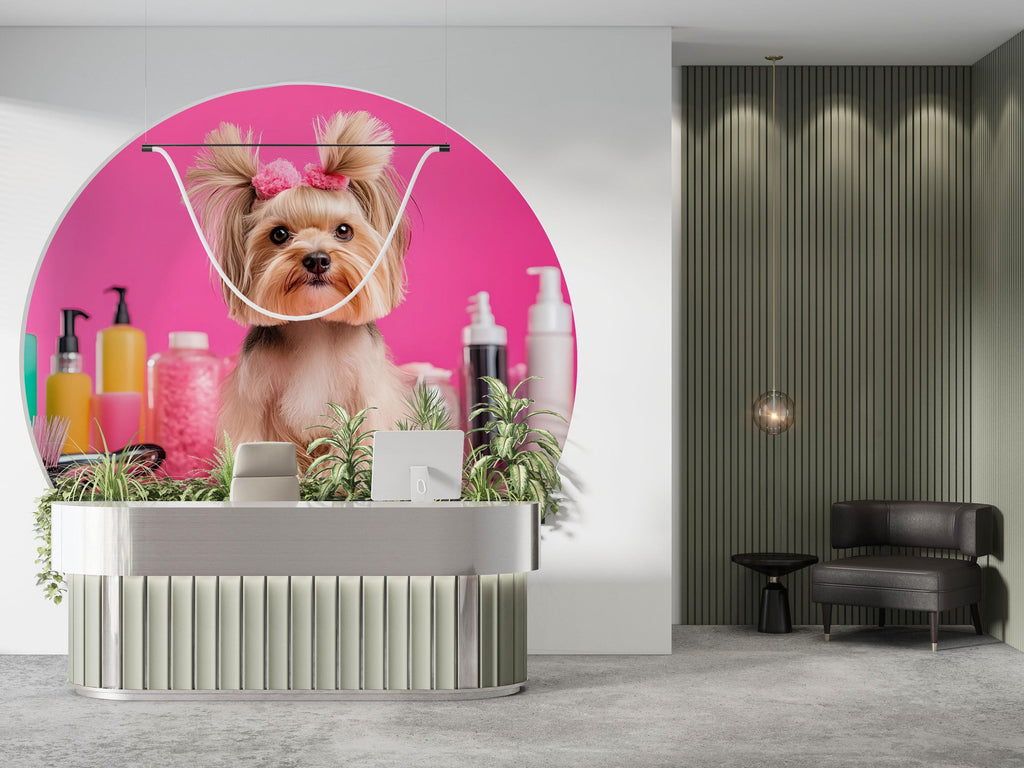 Dog Grooming Salon Wallpaper Mural – Cute Yorkie Dog Wall Art for Pet Spa, Pet Grooming Shop Decor – Bright Pink Pet Salon Backdrop Wall