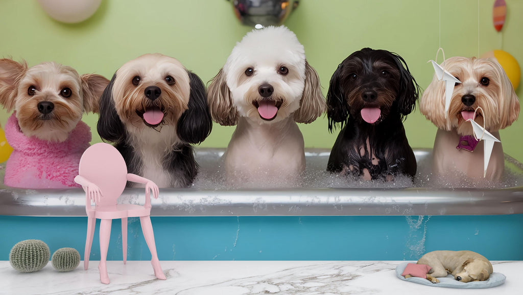 Dog Grooming Salon Wallpaper – Adorable Dog Bubble Bath Mural for Pet Spa, Groomer Backdrop, Pet Salon Decor – Cute Dog Wash Wall Art Wall