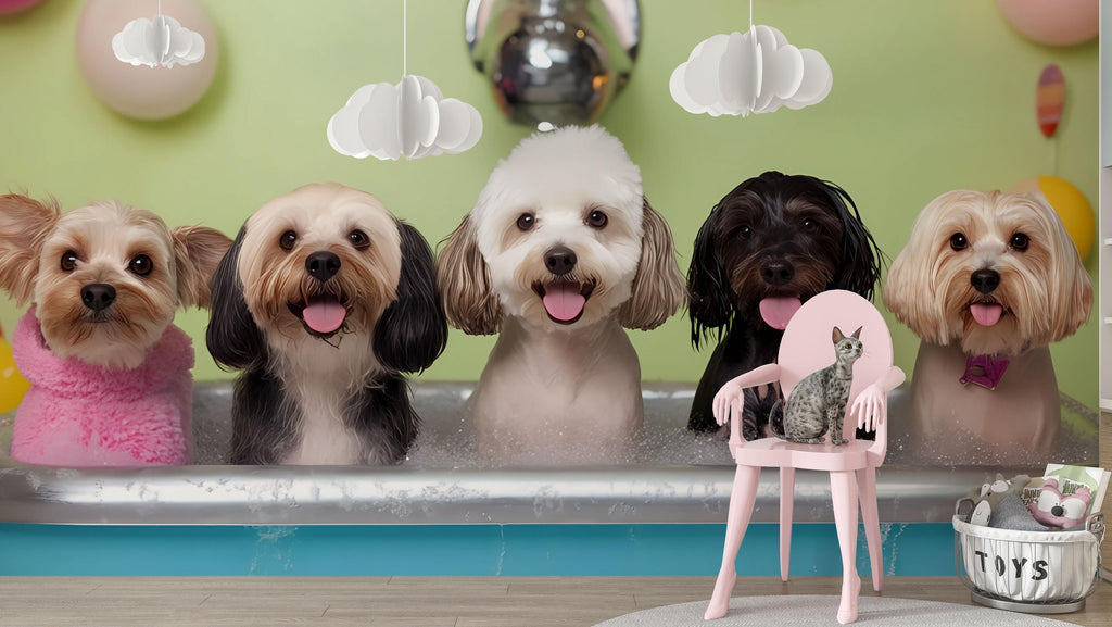 Dog Grooming Salon Wallpaper – Adorable Dog Bubble Bath Mural for Pet Spa, Groomer Backdrop, Pet Salon Decor – Cute Dog Wash Wall Art Wall