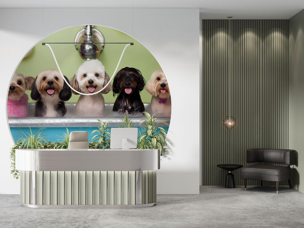 Dog Grooming Salon Wallpaper – Adorable Dog Bubble Bath Mural for Pet Spa, Groomer Backdrop, Pet Salon Decor – Cute Dog Wash Wall Art Wall