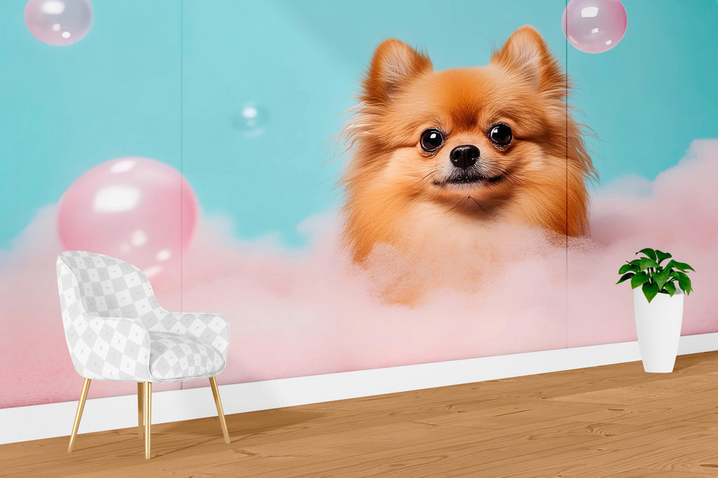 Fluffy Pomeranian Dog Wall Mural – Cute Dog Grooming Salon Wallpaper, Pet Spa Wall Decor, Pastel Pink Blue Dog Portrait Wallpaper
