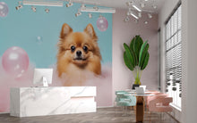 Load image into Gallery viewer, Fluffy Pomeranian Dog Wall Mural – Cute Dog Grooming Salon Wallpaper, Pet Spa Wall Decor, Pastel Pink Blue Dog Portrait Wallpaper