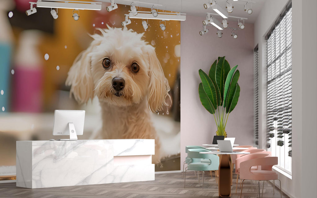 Cute Wet Dog Wall Mural – Funny Dog Grooming Salon Wallpaper, Pet Spa Wall Decor for Pet Salons, Puppy Wash Station Decor, Dog Portrait