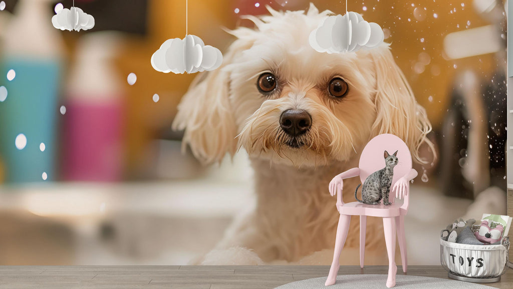 Cute Wet Dog Wall Mural – Funny Dog Grooming Salon Wallpaper, Pet Spa Wall Decor for Pet Salons, Puppy Wash Station Decor, Dog Portrait