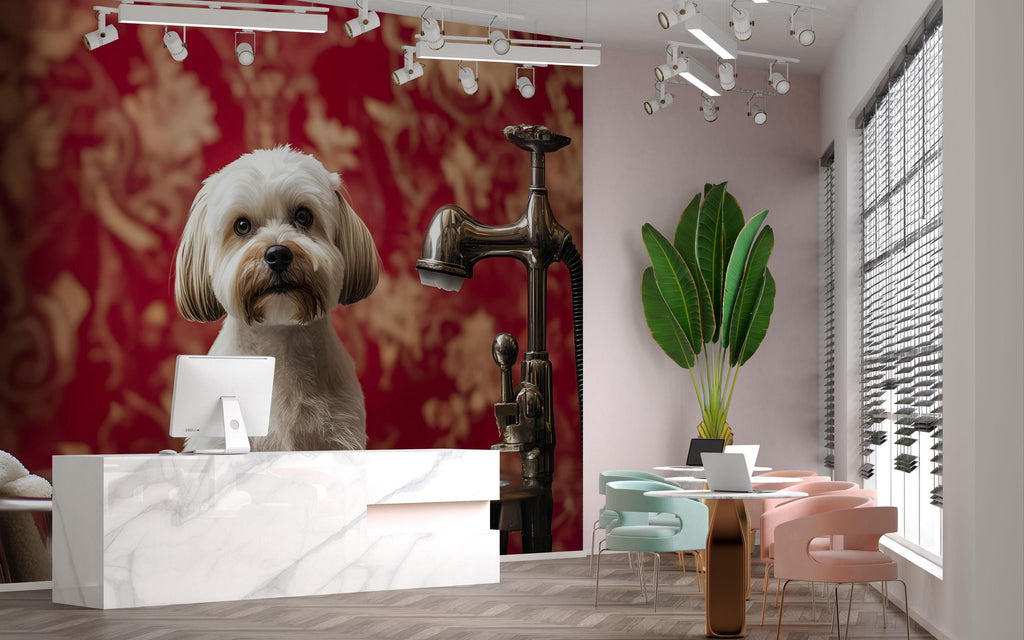 Dog Grooming Salon Wall Mural – Cute Wet Dog Wallpaper for Pet Spa Decor, Dog Wash Station, Pet Salon Backdrop, Custom Size Available
