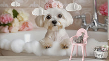 Load image into Gallery viewer, Dog Grooming Wall Mural – White Maltese Puppy in Bathtub with Floral Crown | Pet Spa Wall Art for Grooming Salon, Dog Wash, Vet Clinic Decor