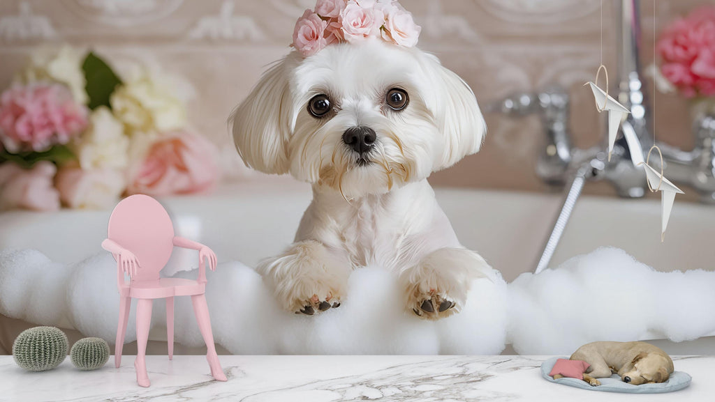 Dog Grooming Wall Mural – White Maltese Puppy in Bathtub with Floral Crown | Pet Spa Wall Art for Grooming Salon, Dog Wash, Vet Clinic Decor