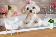 Load image into Gallery viewer, Dog Grooming Wall Mural – White Maltese Puppy in Bathtub with Floral Crown | Pet Spa Wall Art for Grooming Salon, Dog Wash, Vet Clinic Decor