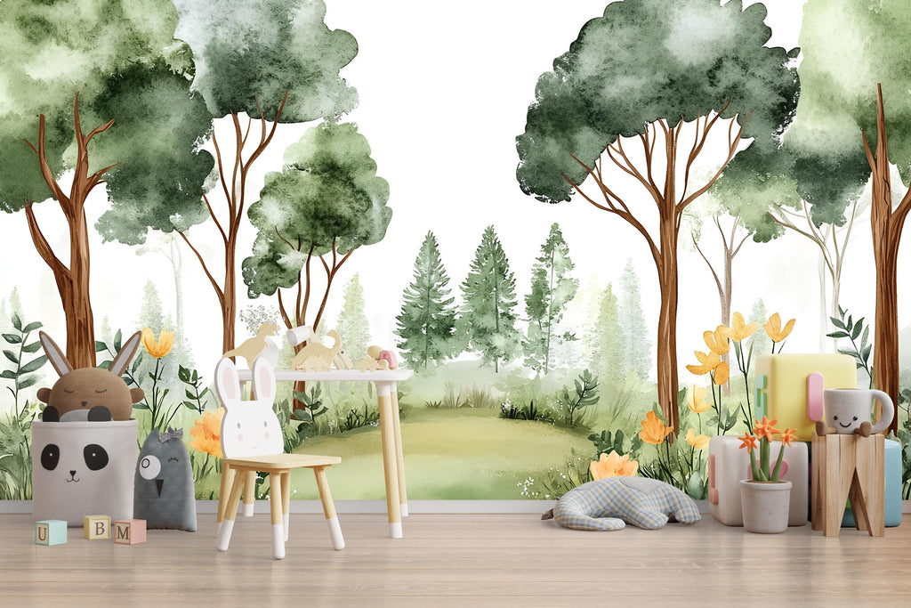 Forest Watercolor Nursery Mural – Calm Woodland Kids Wall Art – Nature Baby Shower, Birthday, or Holiday Gift