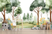 Load image into Gallery viewer, Forest Watercolor Nursery Mural – Calm Woodland Kids Wall Art – Nature Baby Shower, Birthday, or Holiday Gift