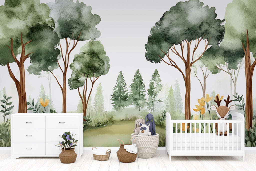 Forest Watercolor Nursery Mural – Calm Woodland Kids Wall Art – Nature Baby Shower, Birthday, or Holiday Gift