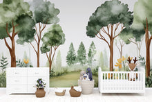 Load image into Gallery viewer, Forest Watercolor Nursery Mural – Calm Woodland Kids Wall Art – Nature Baby Shower, Birthday, or Holiday Gift