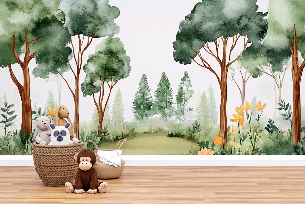 Forest Watercolor Nursery Mural – Calm Woodland Kids Wall Art – Nature Baby Shower, Birthday, or Holiday Gift