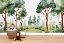 Load image into Gallery viewer, Forest Watercolor Nursery Mural – Calm Woodland Kids Wall Art – Nature Baby Shower, Birthday, or Holiday Gift