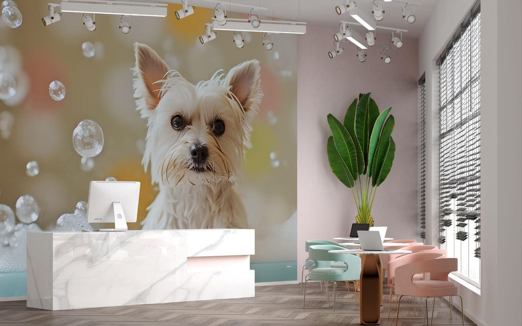 Yorkie Dog Grooming Wall Mural – Bubble Bath Puppy Pet Salon Wallpaper | Cute Dog Spa Decor, Grooming Studio Backdrop, Pet Business Wall Art