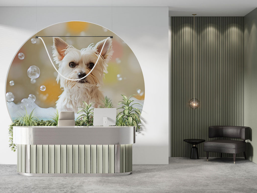 Yorkie Dog Grooming Wall Mural – Bubble Bath Puppy Pet Salon Wallpaper | Cute Dog Spa Decor, Grooming Studio Backdrop, Pet Business Wall Art