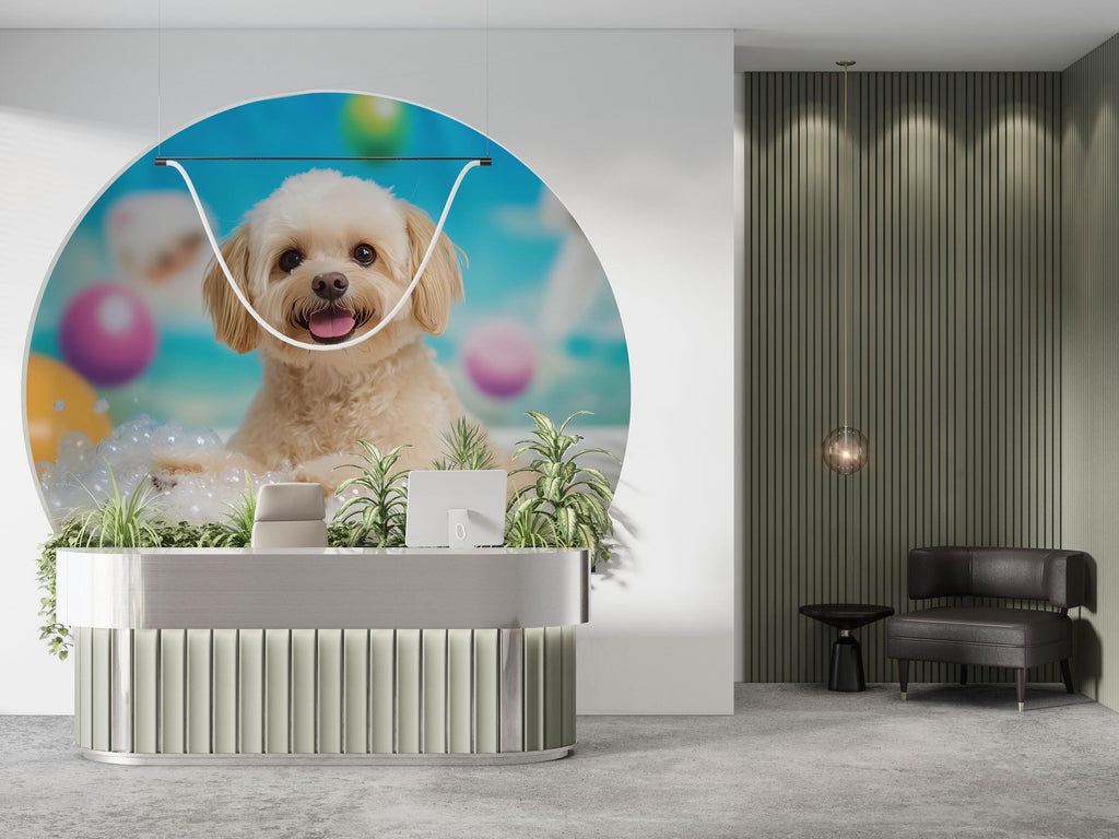 Bubble Bath Dog Wall Mural – Grooming Salon Wallpaper for Pet Spa & Dog Wash Decor | Cute Puppy Wall Art for Groomers, Vet Clinics