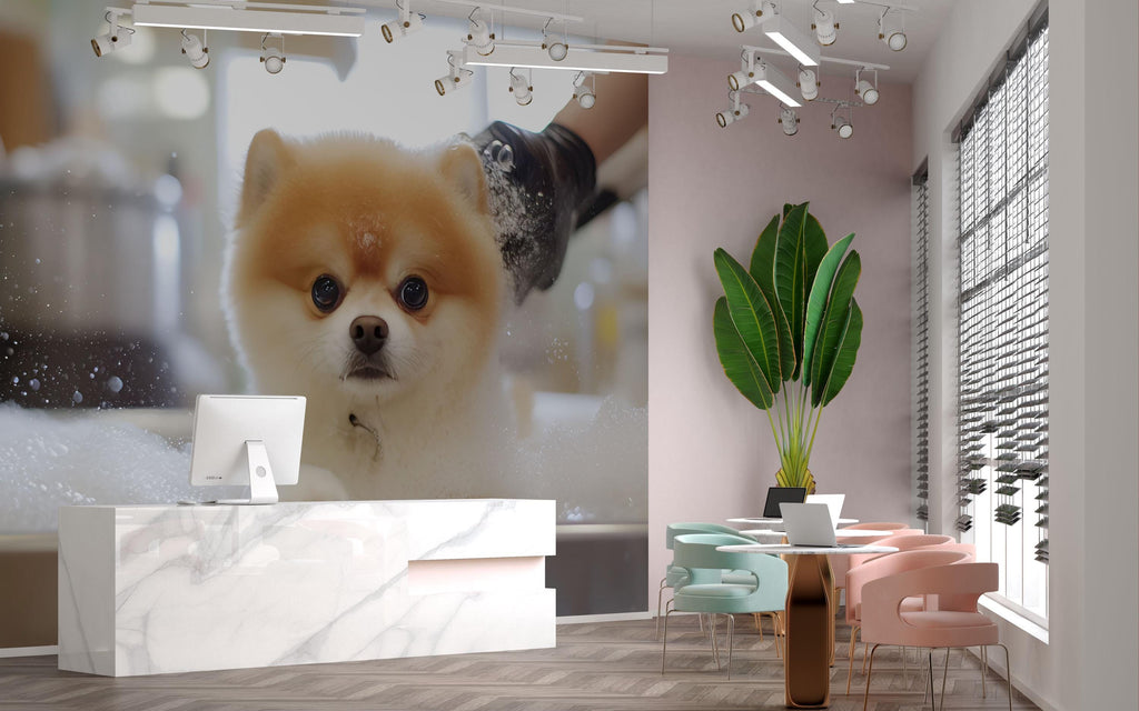 Pomeranian Dog Bath Wall Mural – Cute Dog Grooming Salon Wallpaper for Pet Spa Decor | Fluffy Puppy in Tub Pet Grooming Studio Backdrop