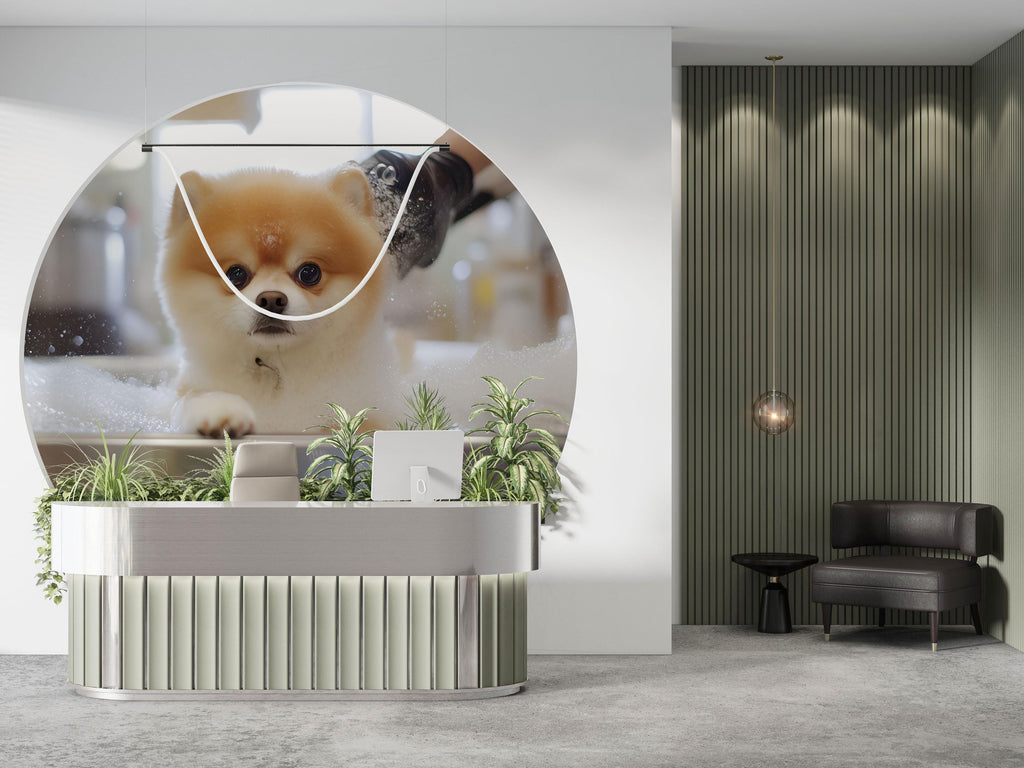 Pomeranian Dog Bath Wall Mural – Cute Dog Grooming Salon Wallpaper for Pet Spa Decor | Fluffy Puppy in Tub Pet Grooming Studio Backdrop