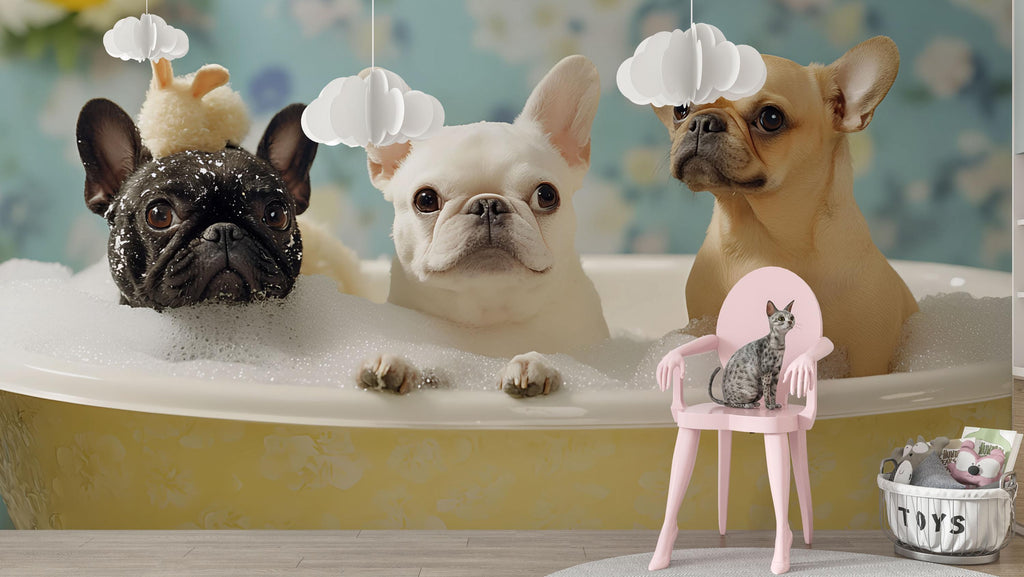 Whimsical Dog Spa Wallpaper For Pet Grooming Salon Wall Decor – French Bulldog Bubble Bath Mural – Cute Dog Grooming Poster For Dog Spa Wall