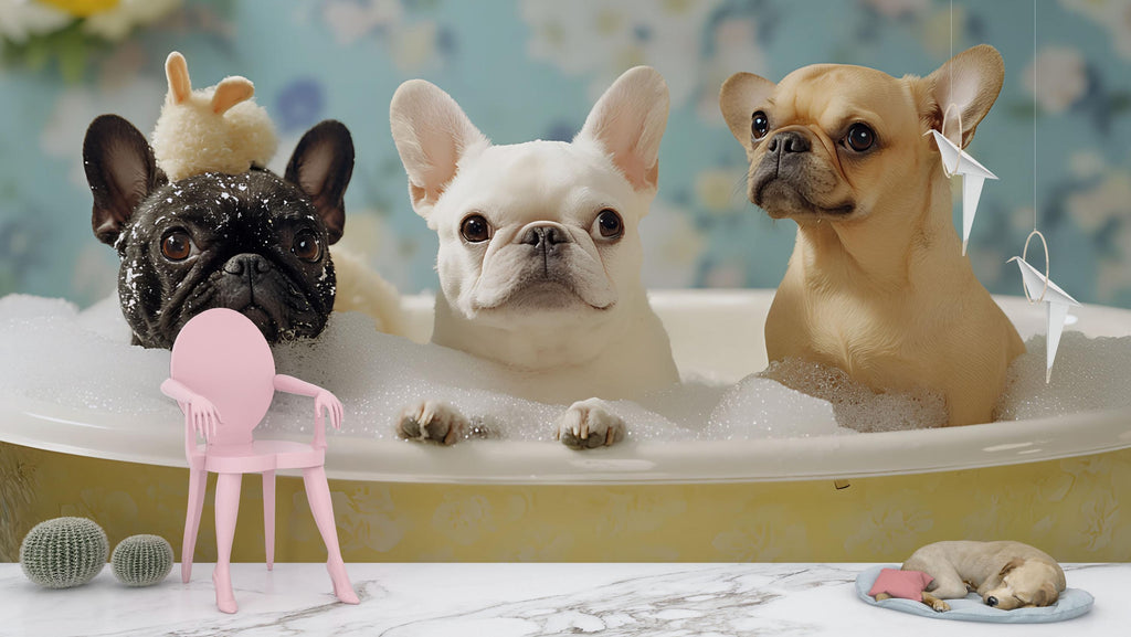 Whimsical Dog Spa Wallpaper For Pet Grooming Salon Wall Decor – French Bulldog Bubble Bath Mural – Cute Dog Grooming Poster For Dog Spa Wall