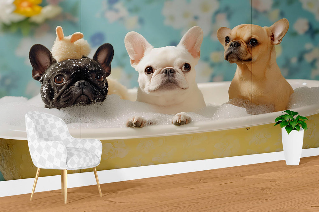 Whimsical Dog Spa Wallpaper For Pet Grooming Salon Wall Decor – French Bulldog Bubble Bath Mural – Cute Dog Grooming Poster For Dog Spa Wall