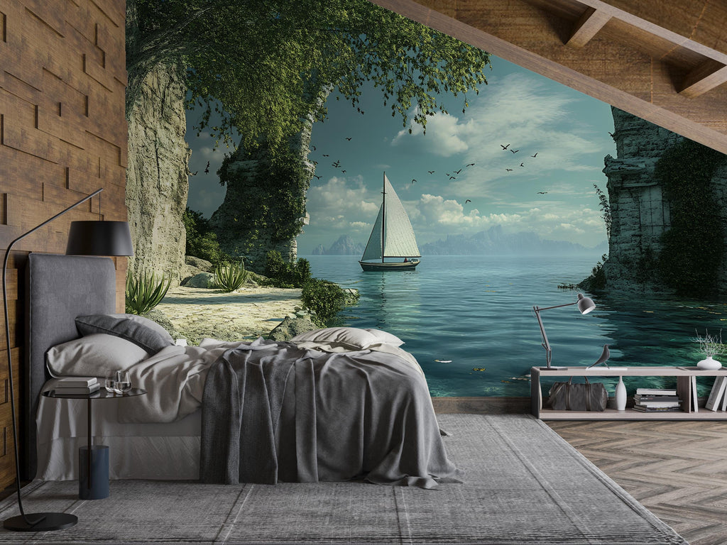 3D Sailboat Wall Mural – Ocean View Nursery Wallpaper | Coastal Modern Decor | Stylish Baby Room Art | Nautical Photo Mural | Sailing Gift