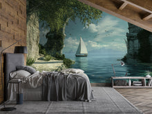 Load image into Gallery viewer, 3D Sailboat Wall Mural – Ocean View Nursery Wallpaper | Coastal Modern Decor | Stylish Baby Room Art | Nautical Photo Mural | Sailing Gift