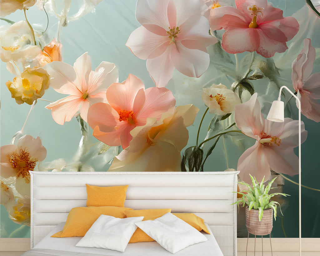3D Floral Wall Mural – Elegant Flower Wallpaper for Bedroom | Pastel Botanical Decor | Modern Peel & Stick Art | Stylish Gift for Her