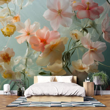 Load image into Gallery viewer, 3D Floral Wall Mural – Elegant Flower Wallpaper for Bedroom | Pastel Botanical Decor | Modern Peel &amp; Stick Art | Stylish Gift for Her